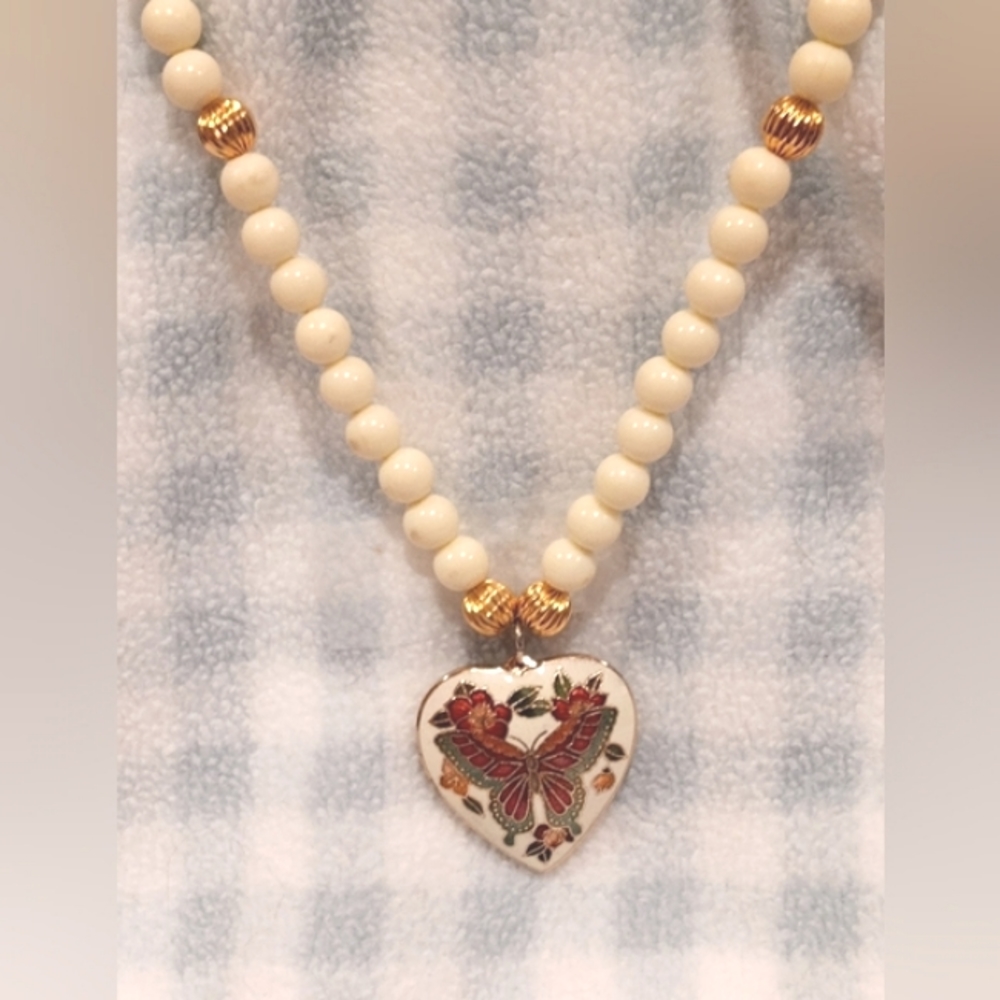 Vintage Gold toned cloisonne floral butterfly with beaded 24" necklace.